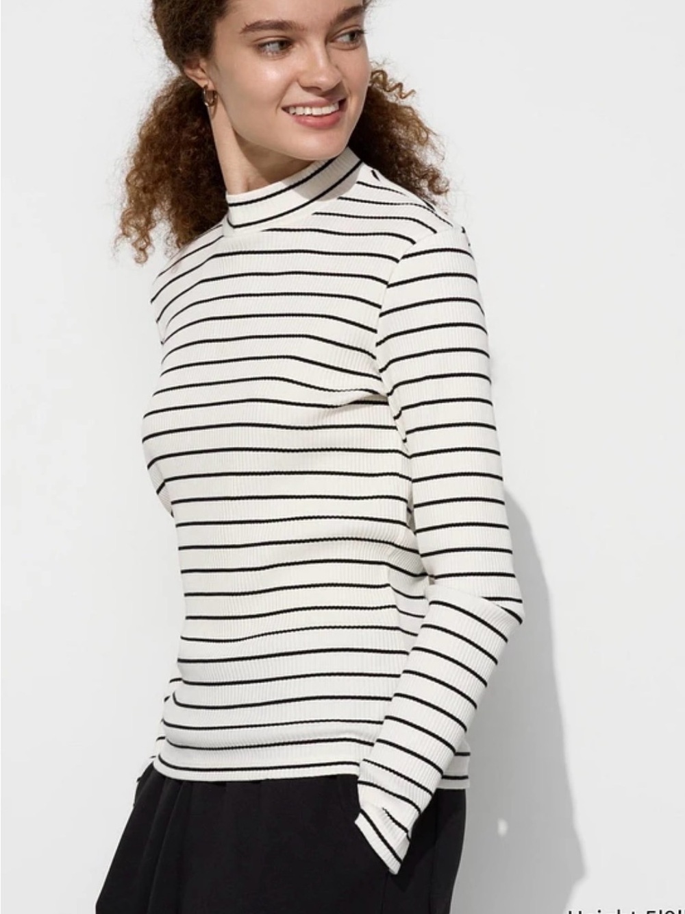 Uniqlo White Mock Neck Long-Sleeve Top with Black Stripes